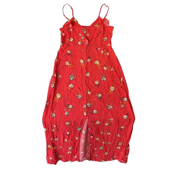 Express Women Maxi Dress M Red Floral Sundress Button Sleeveless Slit Front - Picture 1 of 11